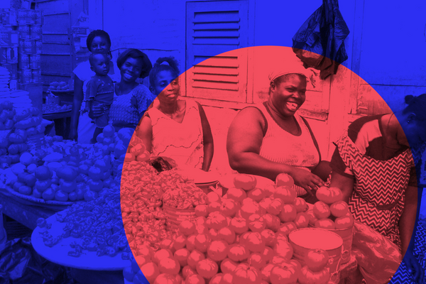 Women joyfully sell tomatoes and vegetables at a vibrant market stall, highlighted by a striking red and blue overlay.