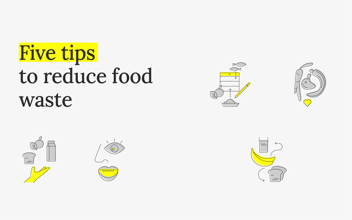 Illustrations accompany the text "Five tips to reduce food waste" with various food-related icons.