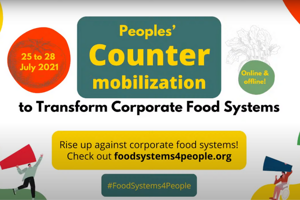 The image promotes a counter-mobilization event to transform corporate food systems, scheduled for July 25-28, 2021.