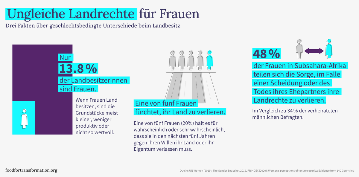 Infografik zeigt ungleiche Landrechte für Frauen mit statistischen Daten und Illustrationen zu Besitzanteilen und Ängsten.