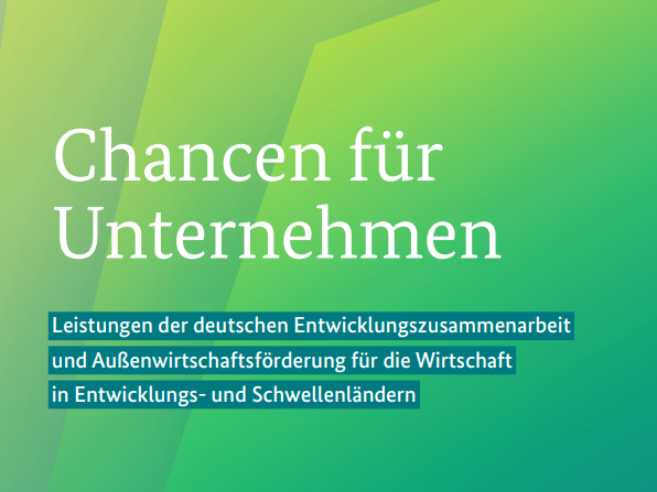 The image displays a green gradient background with German text highlighting business opportunities in emerging markets.