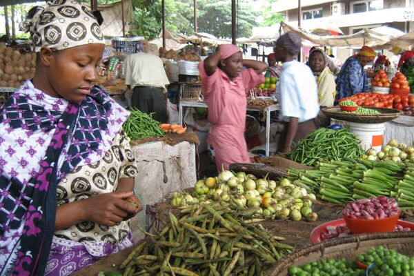 A woman in traditional attire inspects fresh vegetables at a bustling market, embodying voices from vibrant local cultures.