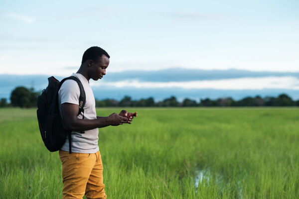 A person stands in a lush green field using a smartphone, highlighting the role of ICT in agriculture.