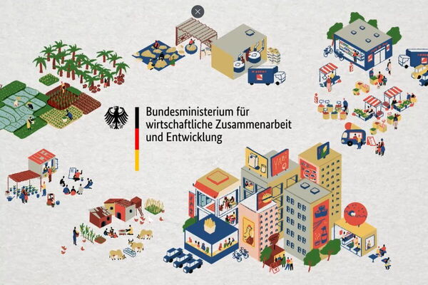 Colorful illustrations depict diverse economic activities and cooperation under the German Ministry for Economic Cooperation and Development.