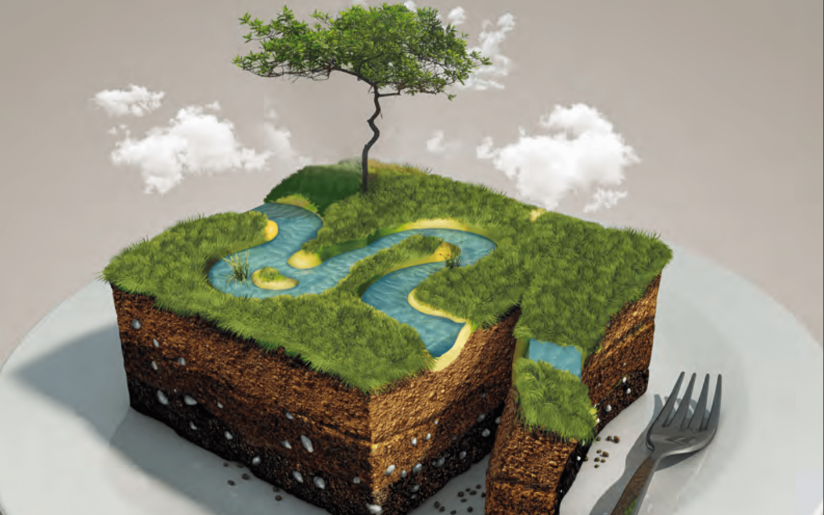 Ein quadratisches Stück Erde mit Gras, Fluss und Baum liegt auf einem Teller neben einer Gabel.