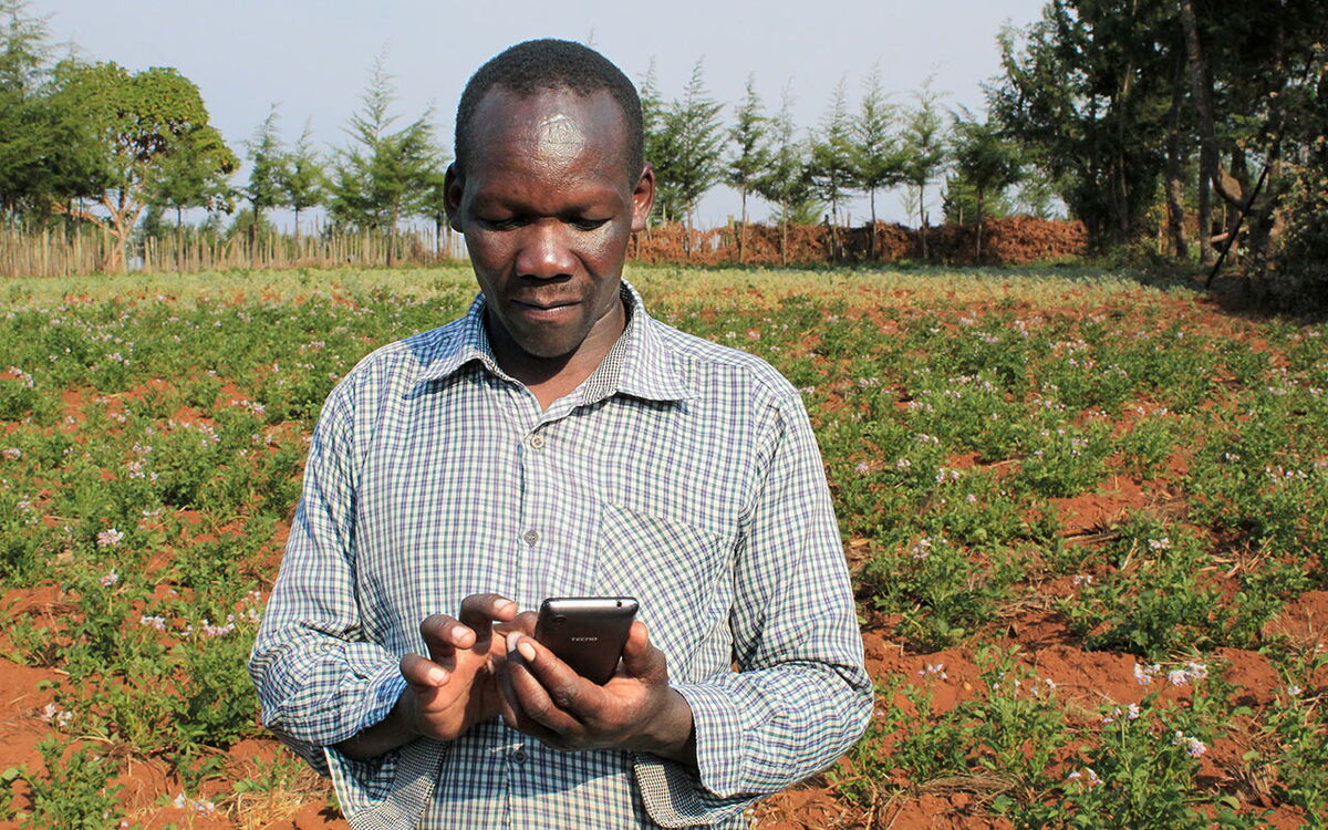 Ein Mann steht auf einem Feld und benutzt ein Smartphone, um Informationen zur Landwirtschaft abzurufen.