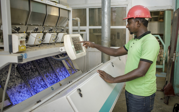 Ein Mann mit rotem Helm bedient eine landwirtschaftliche Maschine in einem modernen Verarbeitungsbetrieb.