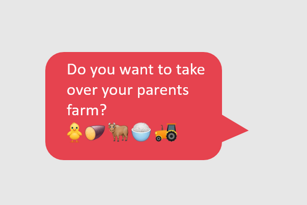 A speech bubble asks about taking over a farm, featuring emojis of a chick, potato, cow, rice bowl, and tractor.