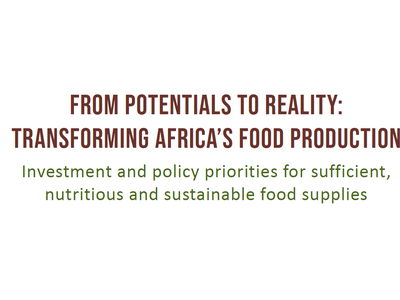 Text on a white background discusses transforming Africa's food production through investment and policy priorities.