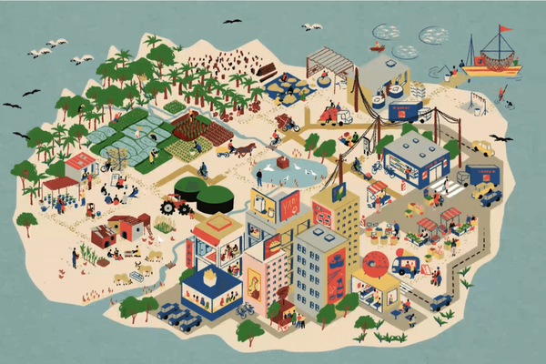 An illustrated map showcases diverse agricultural and food-related activities on a vibrant island setting.