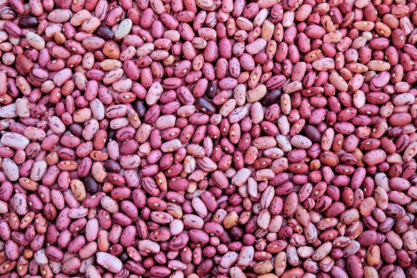 A vibrant assortment of speckled pink beans fills the frame, showcasing natural variety and texture.