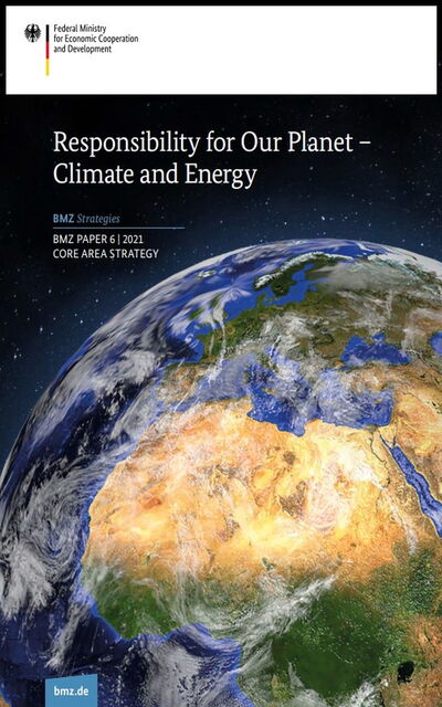 The image shows a BMZ strategy paper cover featuring a view of Earth with a focus on climate and energy responsibility.