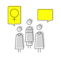 Drei stilisierte Figuren diskutieren unter gelben Sprechblasen mit einem weiblichen Symbol, was Zusammenarbeit symbolisiert.