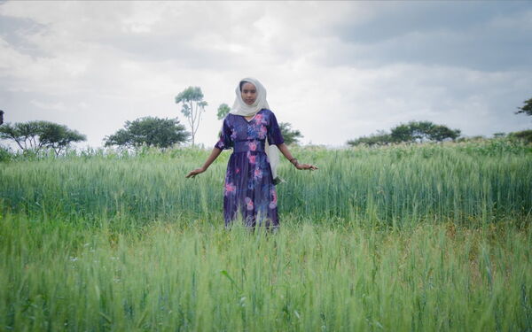 Eine Frau in einem blühenden Kleid steht in einem grünen Feld unter bewölktem Himmel und strahlt Ruhe aus.