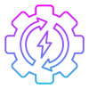 Ein neonfarbiges Zahnrad mit Pfeilen und Blitzsymbol steht für Energie und Ressourcennutzung.