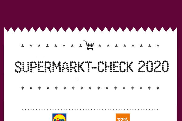 A supermarket receipt design displays "SUPERMARKT-CHECK 2020" with logos, focusing on retail evaluation.