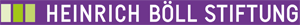 The image displays the Heinrich Böll Stiftung logo with green and purple elements on a purple background.