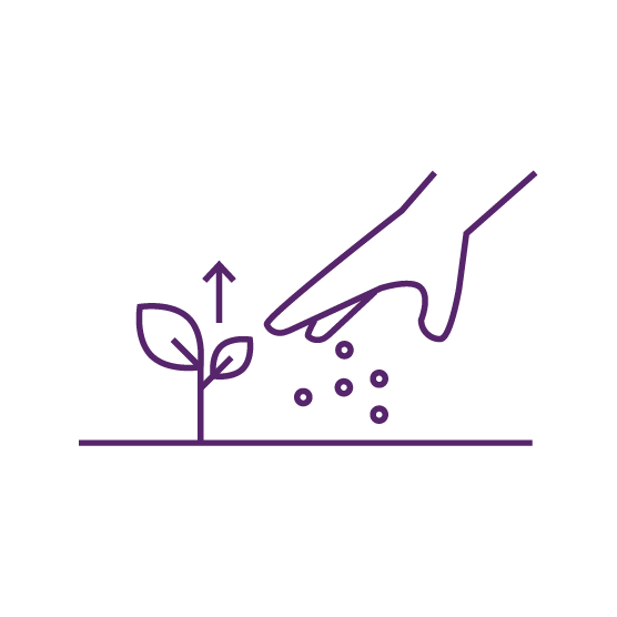 A hand sprinkles seeds beside a small sprouting plant, symbolizing growth and nurturing.