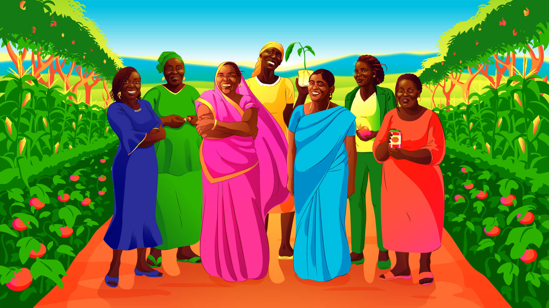 Eine Gruppe fröhlicher Frauen steht in einem üppigen Garten, umgeben von blühenden Pflanzen.