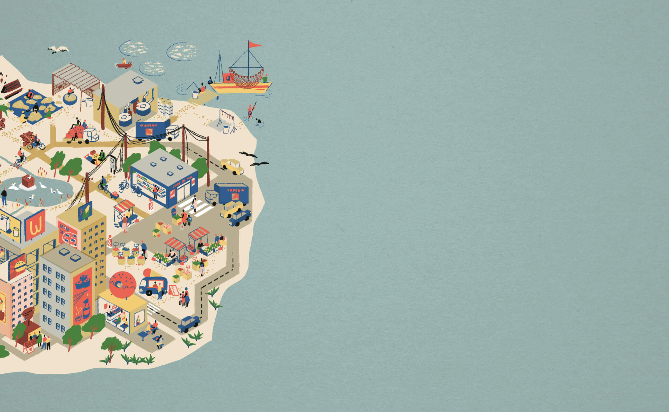 Eine bunte, illustrierte Küstenstadt mit Gebäuden, Menschen und einem Boot auf dem Meer zeigt lebhaftes Treiben.