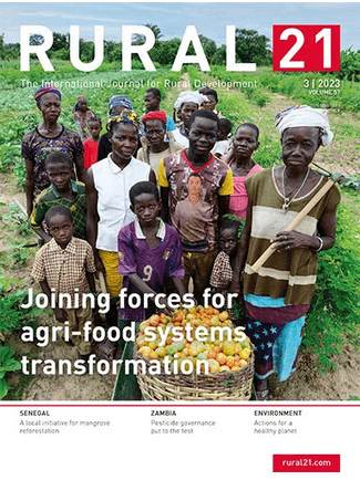 A diverse group stands proudly in a rural field with a basket of fresh produce, symbolizing community-driven agricultural transformation.