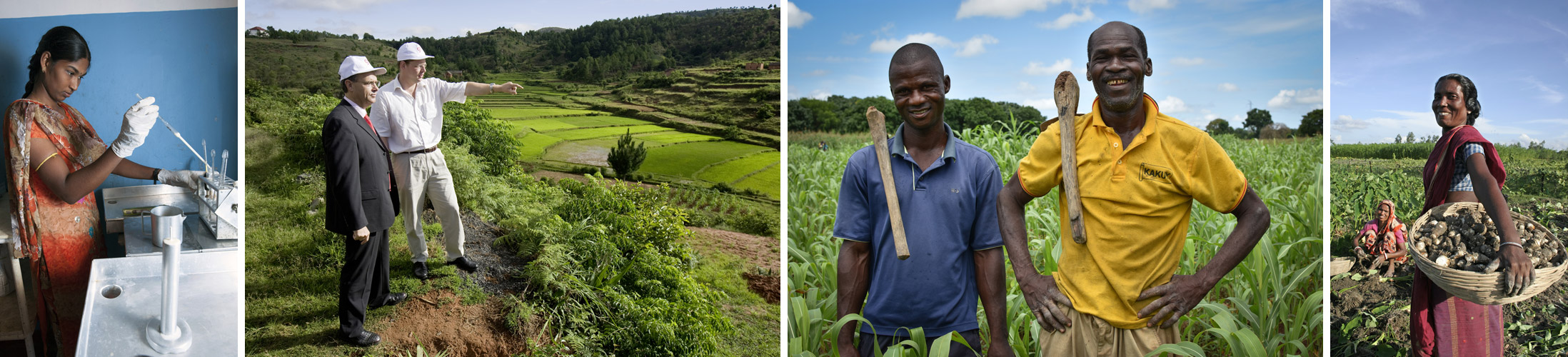 Eine Frau arbeitet an einem Gerät, während Menschen in ländlichen Gebieten landwirtschaftliche Felder inspizieren und ernten.
