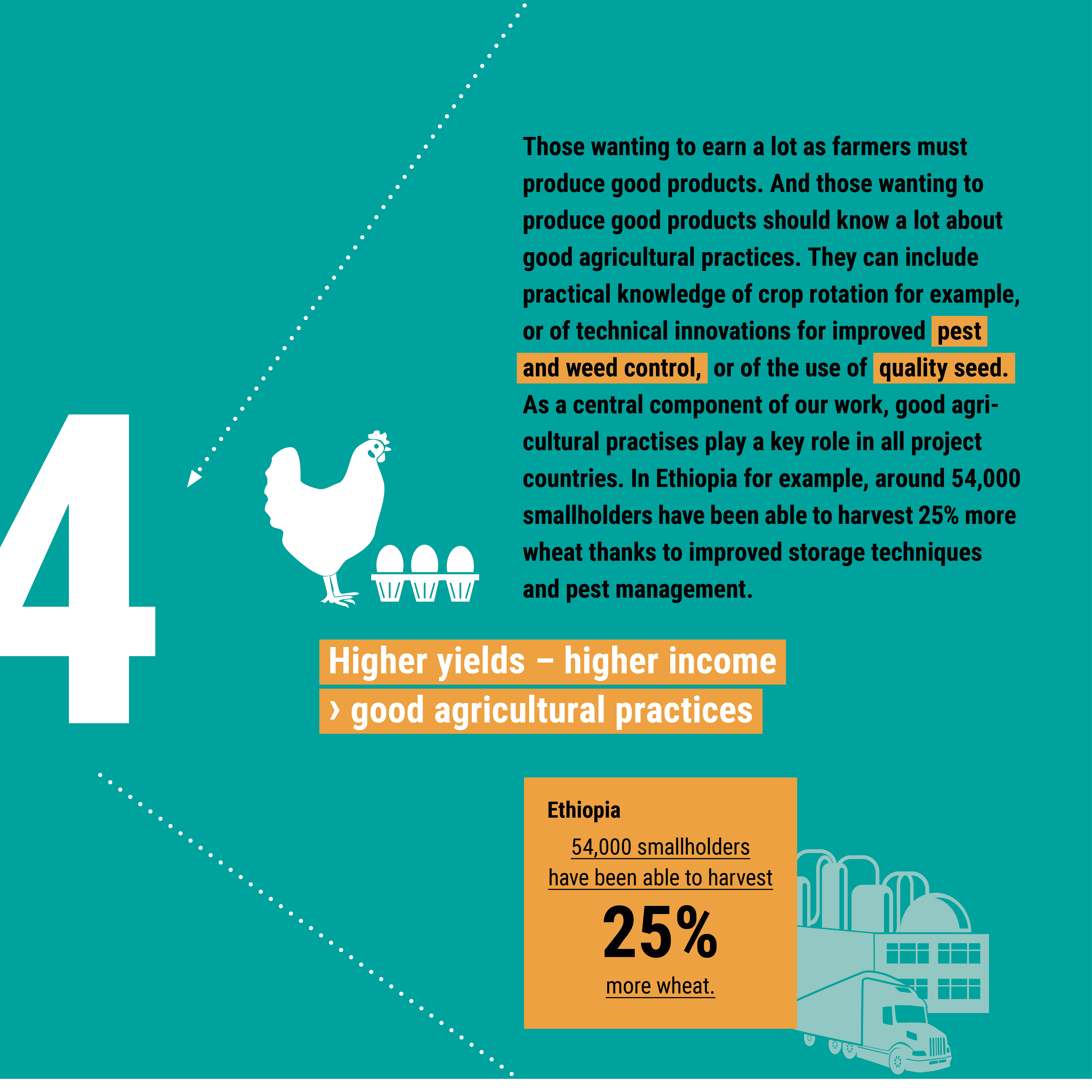 A graphic highlights innovations in agriculture, emphasizing pest control and quality seed, boosting yields by 25% in Ethiopia.