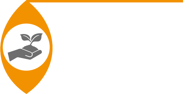 A hand gently holds a sprouting plant within an orange leaf-shaped design, symbolizing growth and sustainability.