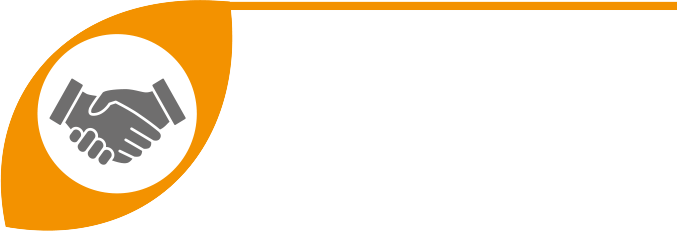 A logo featuring a handshake symbol inside an orange leaf shape, representing agreement and collaboration.