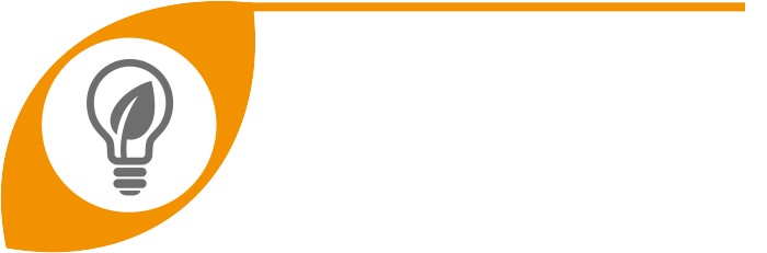 A lightbulb with a leaf inside symbolizes eco-friendly innovation on an orange leaf-shaped background.