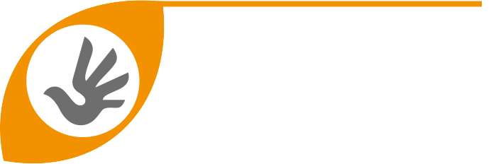 A stylized gray hand logo is enclosed in an orange ellipse next to black text on a white background.