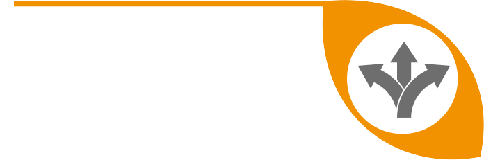 A logo features three gray arrows pointing in different directions inside an orange and white design.